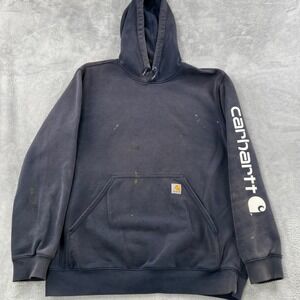 Carhartt Distressed Logo Sleeve Hoodie L Navy Men Workwear Graphic K288 TS0288-M